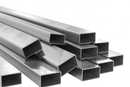 Stack of brushed aluminium rectangular tubes isolated on white background.