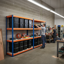 2x Heavy Duty Shelving - 1600mm High - Blue & Orange with 8x 62L Plastic Storage Boxes