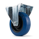 White Smoke 100mm Pressed Steel Fixed Castor with Blue Rubber on Polypropylene Wheel - 120kg Max Load