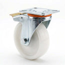 White Smoke 100mm Pressed Steel Swivel Castor Wheel with Directional Brake, 4 Hole Top Plate & White Nylon Wheel - 140kg Load Capacity