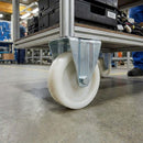 Dark Sea Green 125mm Pressed Steel Fixed Castor with White Nylon Wheel, 4-Hole Top Plate - 160kg Load Capacity