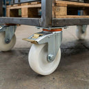 Dim Gray 150mm Pressed Steel Swivel Castor Wheel with Directional Brake, 4 Hole Top Plate & White Nylon Wheel - 180kg Load Capacity