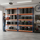 2x Heavy Duty Shelving - 1600mm High - Blue & Orange with 12x 62L Storage Boxes