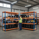4x Heavy Duty Shelving - 1600mm High - Blue & Orange with 12x 37L Plastic Storage Boxes