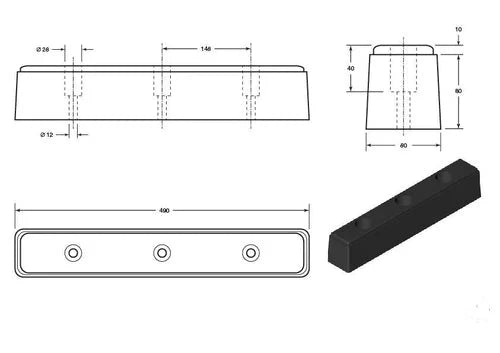 Small Rubber Dock Bumper 490 x 80 x 80mm