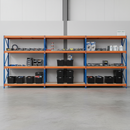3x Heavy Duty Shelving - 2200mm High - Blue & Orange with 8x 37L Plastic Storage Boxes