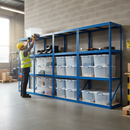 3x Heavy Duty Shelving Units - 1600mm High - Blue with 12x 33.5L Storage Boxes