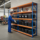 3x Heavy Duty Shelving - 2200mm High - Blue & Orange with 12x 37L Plastic Storage Boxes