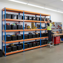 3x Premium Heavy Duty Shelving - 1600mm High - Blue & Orange with 12x 37L Storage Boxes