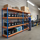 4x Heavy Duty Shelving - 2000mm High - Blue & Orange with 8x 37L Plastic Storage Boxes - Detail View