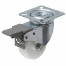 White Smoke 50mm Pressed Steel Swivel Castor Wheel with Brake - White Nylon Wheel & 4-Hole Top Plate - 65kg Load