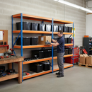 3x Premium Heavy Duty Shelving - 1600mm High - Blue & Orange with 12x 37L Storage Boxes