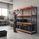 3x Premium Heavy Duty Shelving - 1600mm High - Blue & Orange with 8x 62L Plastic Storage Boxes