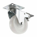 75mm Pressed Steel Swivel Castor Wheel with Brake - White Nylon Wheel & 4-Hole Top Plate - 75kg Load