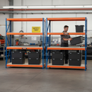 2x Heavy Duty Shelving - 1600mm High - Blue & Orange with 8x 62L Plastic Storage Boxes