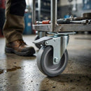 80mm Zinc Plated Swivel Retail Castor Wheel with Brake - Grey Rubber & 4-Hole Top Plate, 50kg Load