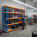 3x Premium Heavy Duty Shelving - 1600mm High - Blue & Orange with 8x 62L Plastic Storage Boxes