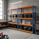 2x Premium Heavy Duty Shelving - 1770mm High - Blue & Orange with 12x 37L Plastic Storage Boxes