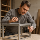 Man assembling a square aluminium tube frame using a hex key on a wooden workbench.