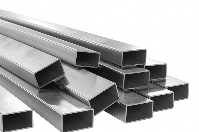 Stack of brushed aluminium rectangular tubes isolated on white background.