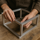 Person assembling an aluminum rectangular frame on a wooden surface.