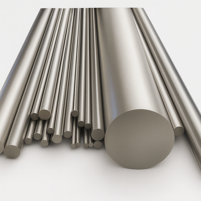 Assorted sizes of polished aluminium rods arranged on white surface.