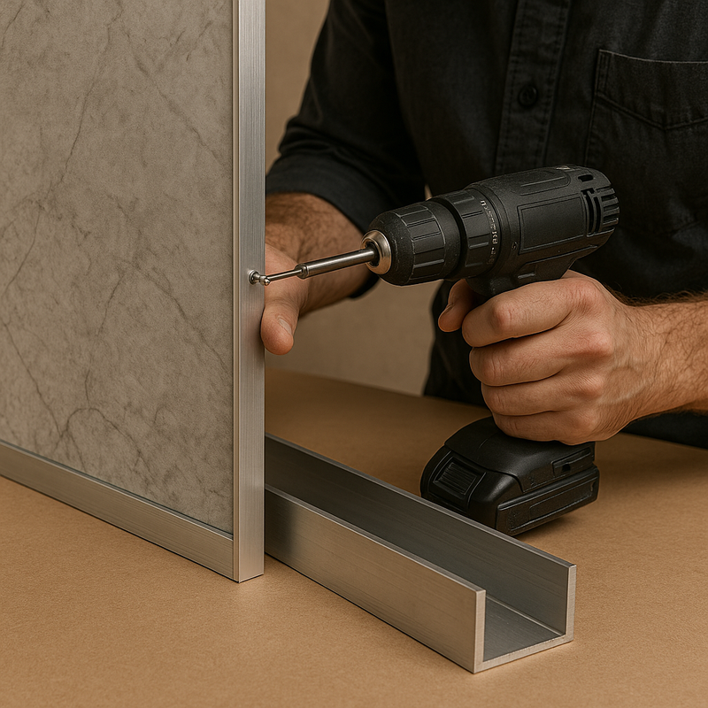 Person using a power drill to fasten a screw into an aluminum frame with a marble panel.