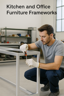 Craftsman assembling a square aluminum frame using a screwdriver on a wooden workbench.