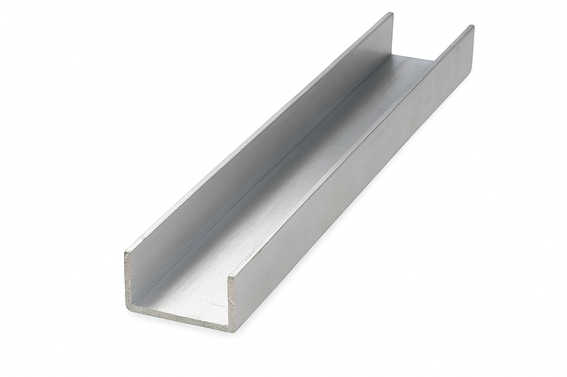 Aluminum U-channel bar on white background.
