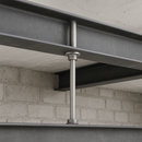 Aluminium support rod connecting two steel beams in an industrial setting.
