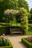 Black steel Gothic arch with bench
