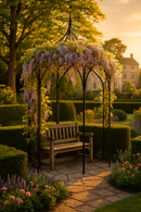 Black steel Gothic arch with bench and flowering vines