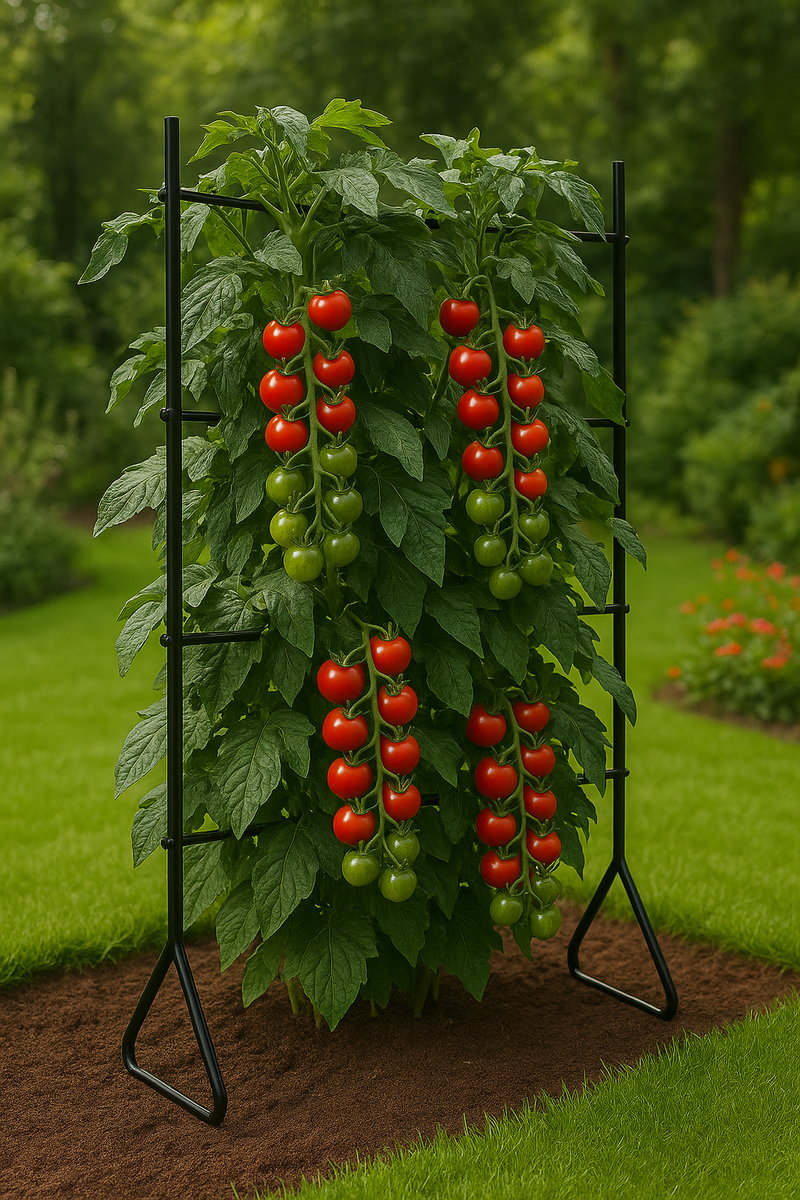 Tomato plant with ripe and unripe fruit supported by a black metal frame in a garden bed.