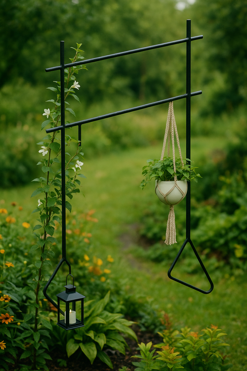 Decorative garden frame with a hanging planter and lantern, surrounded by flowers and greenery.