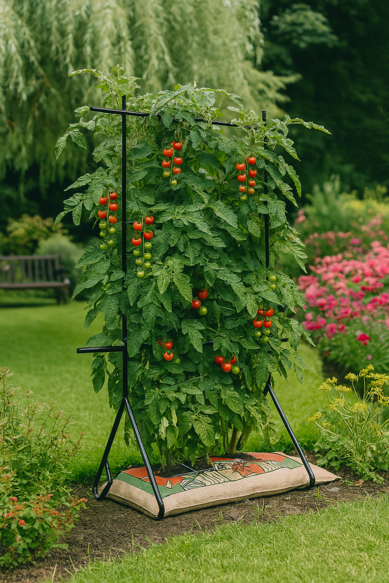 Tomato plant on black metal frame with ripe fruit in garden setting.