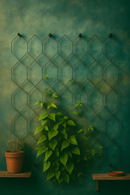 Geometric wall trellis with climbing vines on a green wall, styled with terracotta pots on wooden shelves.
