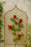 Gothic metal trellis with red roses on a neutral wall.