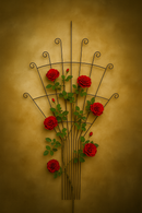 Peacock trellis with red roses on a golden wall background.
