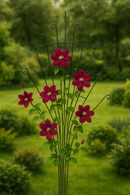 Peacock trellis with blooming red flowers in a green garden.
