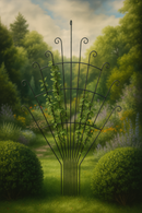 Peacock trellis with vines in a garden setting.