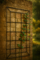 Black metal trellis with green vine on a rustic brick wall.