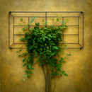 Black wall-mounted trellis with green vine on a yellow wall