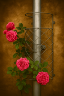 Metal drainpipe trellis with pink roses on warm brown wall.
