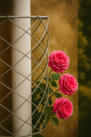 White drainpipe trellis with pink roses against a warm-toned wall.