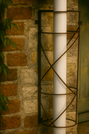 Rust-finish trellis around white drainpipe on stone wall.

