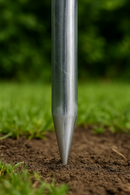 Steel pointed post anchored in garden soil for cage support.