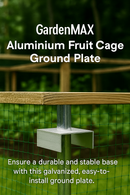 Aluminium ground plate securing fruit cage pole in garden.