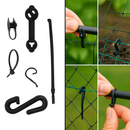 Collage showing black garden netting fixtures alongside their practical use in securing netting to poles and soil in a garden setting.