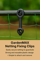 GardenMAX fixing clip securing green netting to a guardrail.