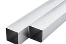 Two metallic square hollow tubes placed side by side on a white background.